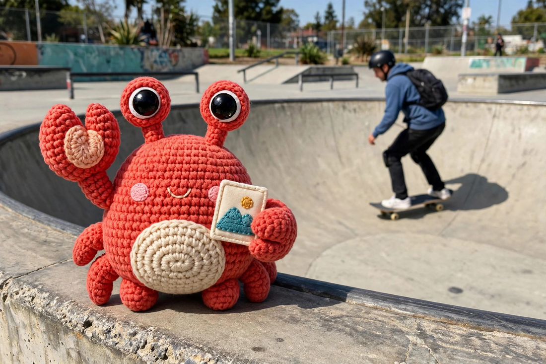 Snap at the edge of a skate bowl with a skater riding in the background, original photo