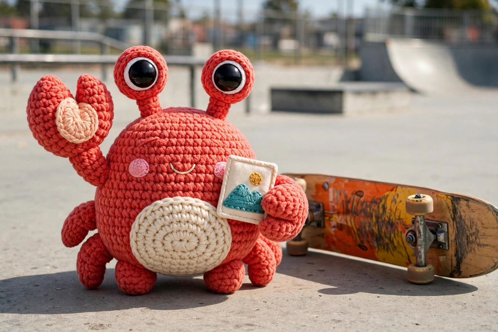 Snap the crochet crab at a skate park, original photo