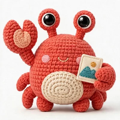 Snap, the crochet crab mascot, shown cycling through filter looks